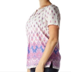 Talbots Women's Blouse medium  Pink Floral Short Sleeve Tunic